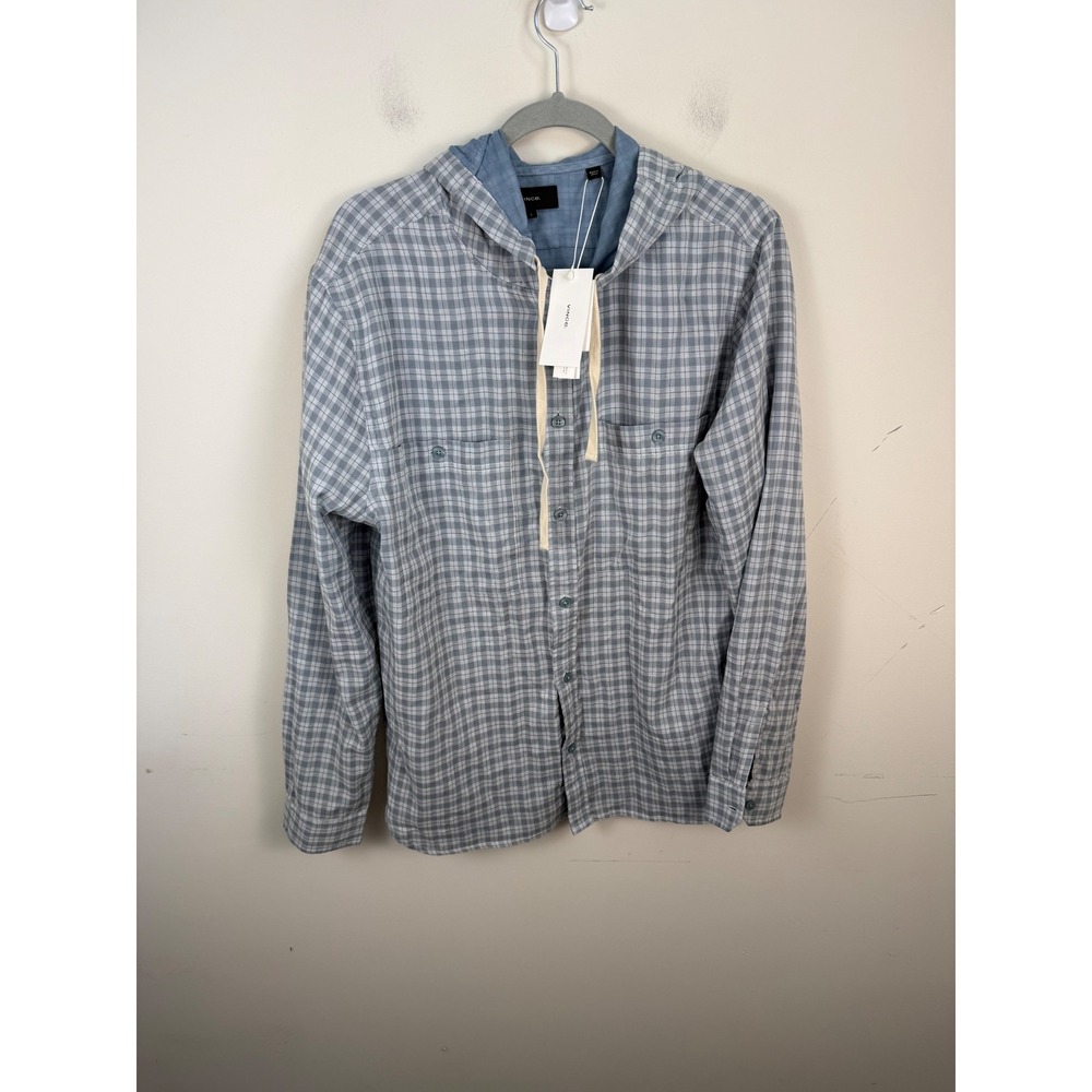 Vince Mens Blue Grey Plaid Hooded Button Down Shirt Cotton M79941507 NWT L